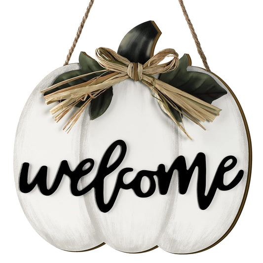 Jetec Fall Decor Pumpkin Welcome Sign Thanksgiving Door Hanger Wooden Pumpkin Decor Hanging Porch Sign for Autumn Harvest Thanksgiving Farmhouse Wall Decoration(White)