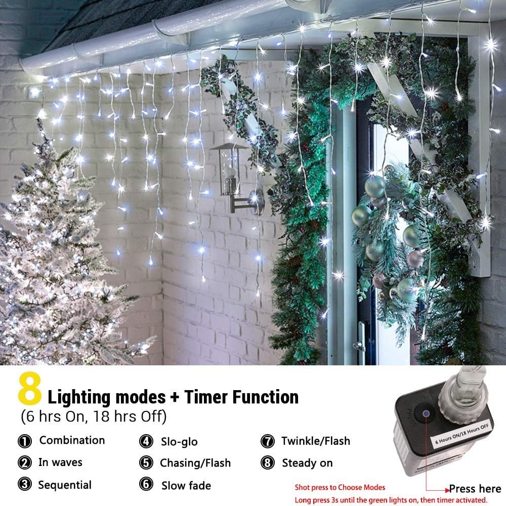 Icicle Christmas Lights, 432 LED 35.4ft 8 Modes Icicle String Lights with 72 Drops, Window Curtain Fairy Lights for Xmas, Eaves, Wedding, Garden, Outdoor, Indoor Decor (Clear White)