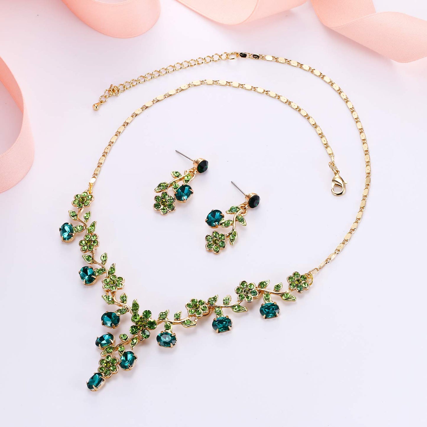 EVER FAITH Wedding Jewelry Set for Bride Austrian Crystal Cluster Flower Leaf Necklace Earrings Set Green Gold-Tone