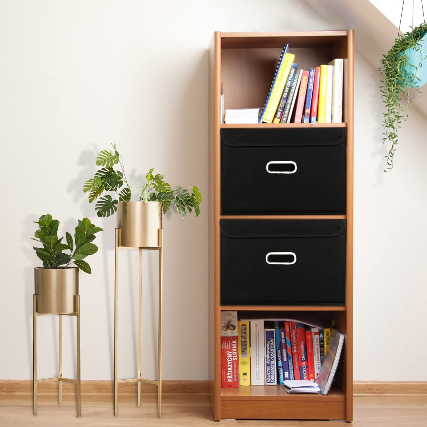 STOREONE Fabric Storage Cube Bins Foldable Organizer Container Collapsible Basket with Lids and Metal Handles, for Home, Bedroom, Closet (Black, 3 Pcs)