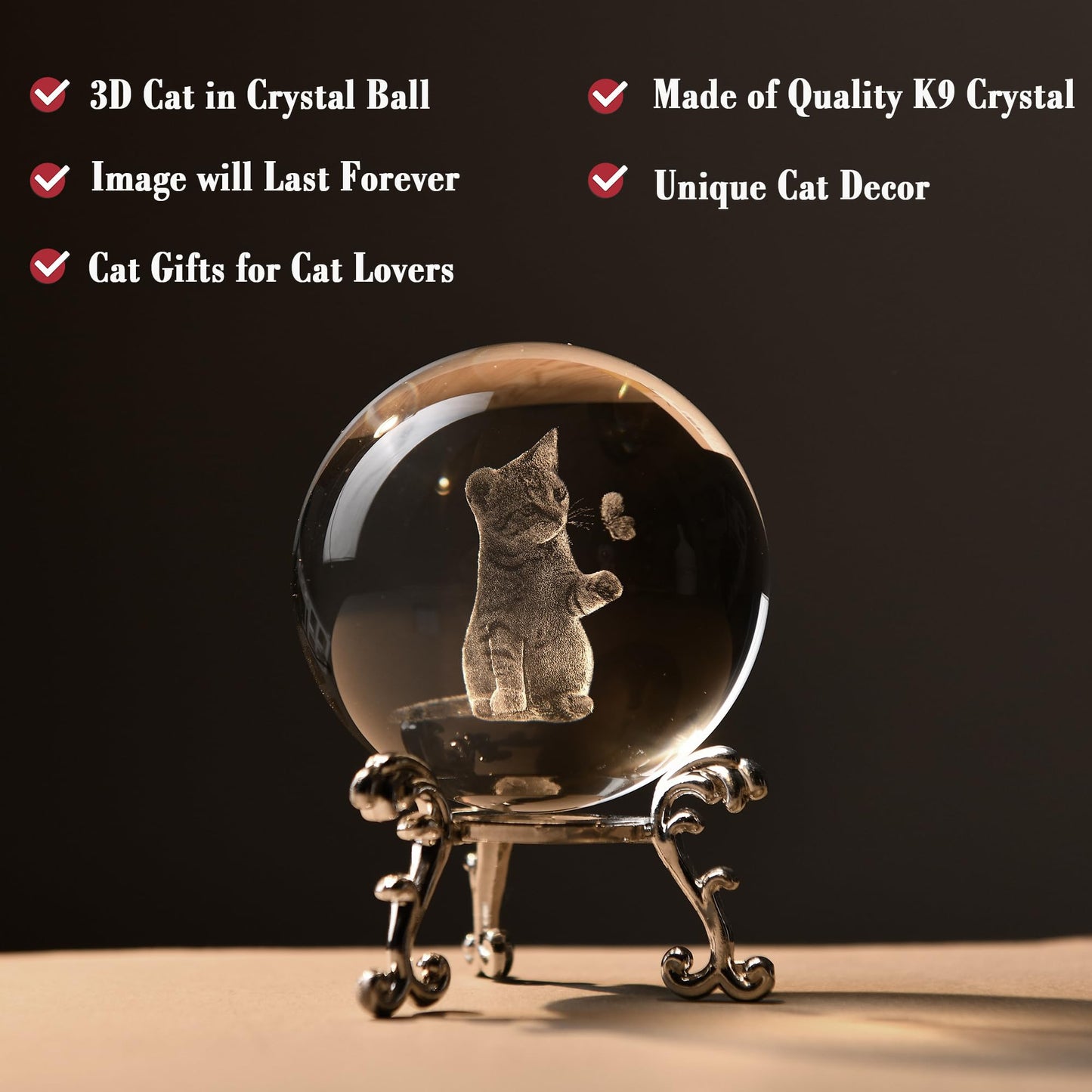 IFOLAINA 3D Cat Themed Gifts for Women 3D Crystal Ball Cat Related Sympathy Figurines Presents Kitty Decorative Globe Decor with Stand