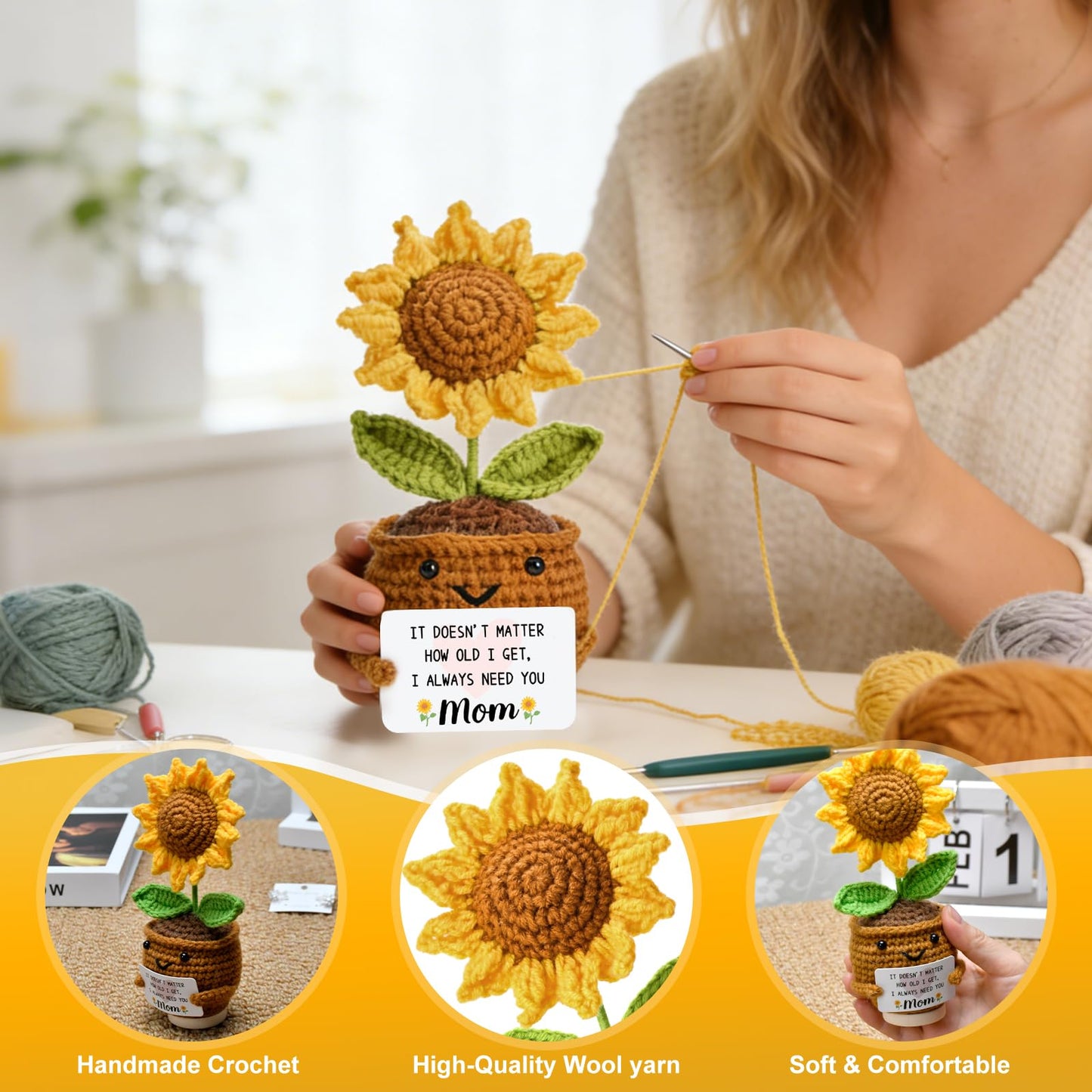 OEAGO Gifts for Mom Mothers Day: from Daughter Son Kids Mini Gifts for Mom Mama Handmade Crochet Cute Small Sunflowe Doll Gift Christmas Birthday Present Idea for Mother Knitted Decor 6.69 x 2.75inch