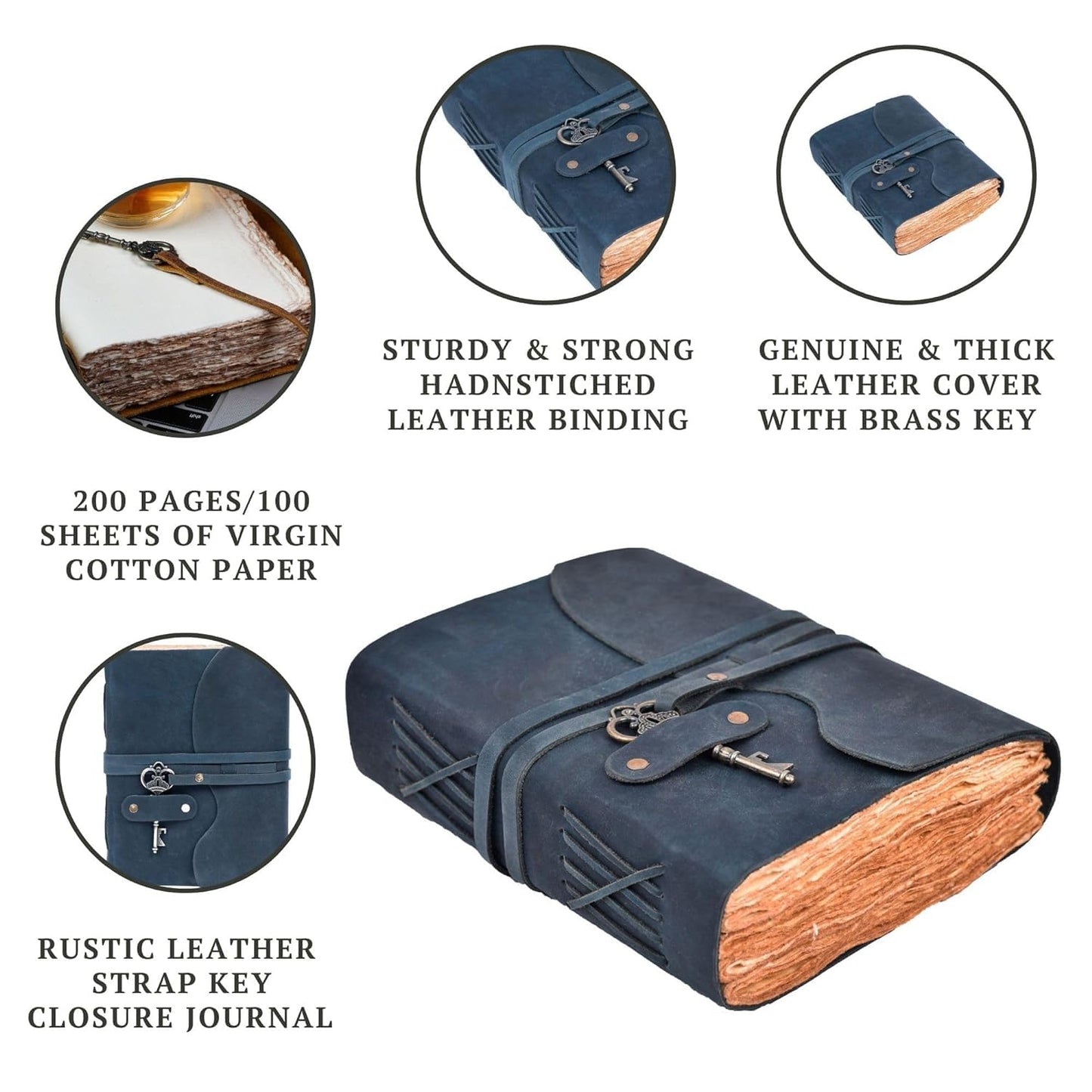 LEATHER VILLAGE Vintage Leather Journal – 200 Handmade Vintage Deckle Edge Paper – Leather bound Journal For Women Men – Vintage Key Closure - Book of Shadows - Blue - 6X4 inches (A6)