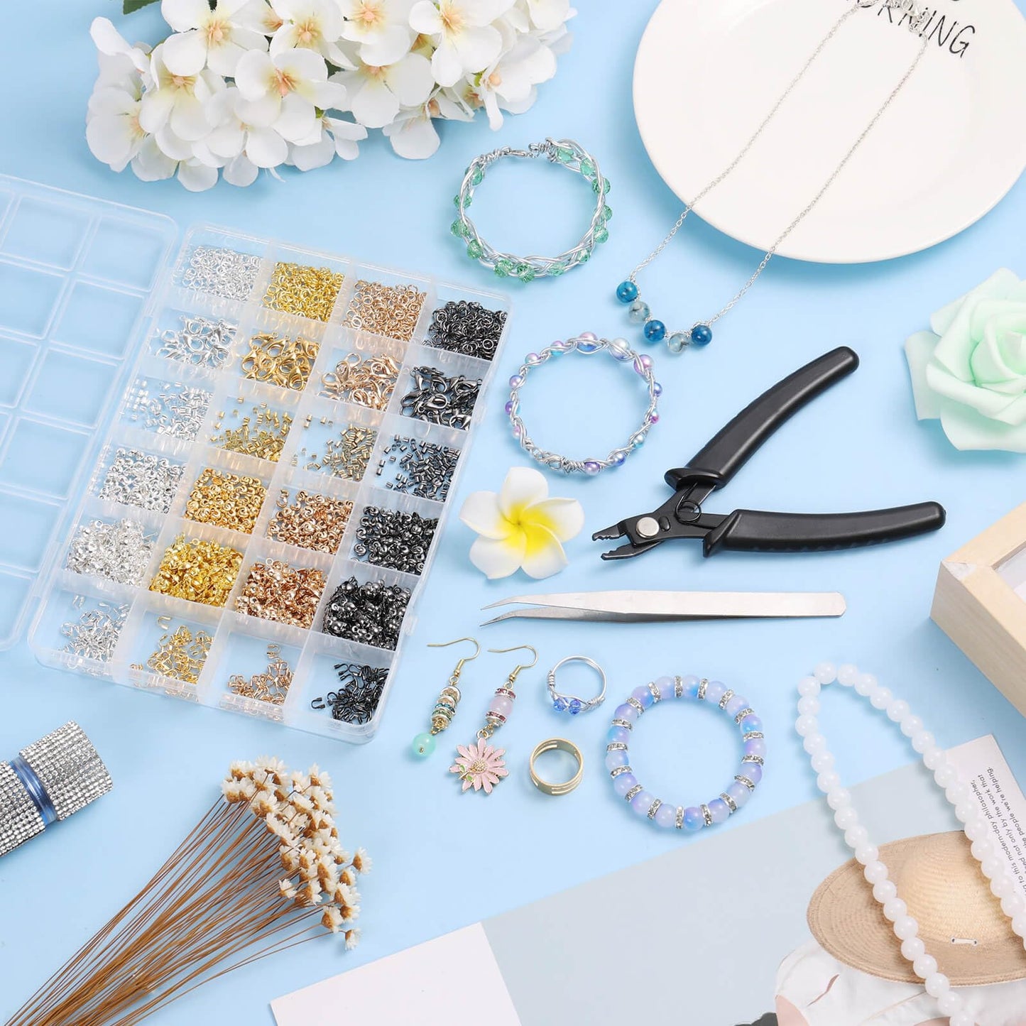 2160 Pieces Crimp Beads Kit for Jewelry Making, Knot Covers, Crimp Bead Covers, Crimp Tubes, Jump Rings and Wire Guardians with Crimping Pliers, Elastic String for Bracelets Necklaces Making