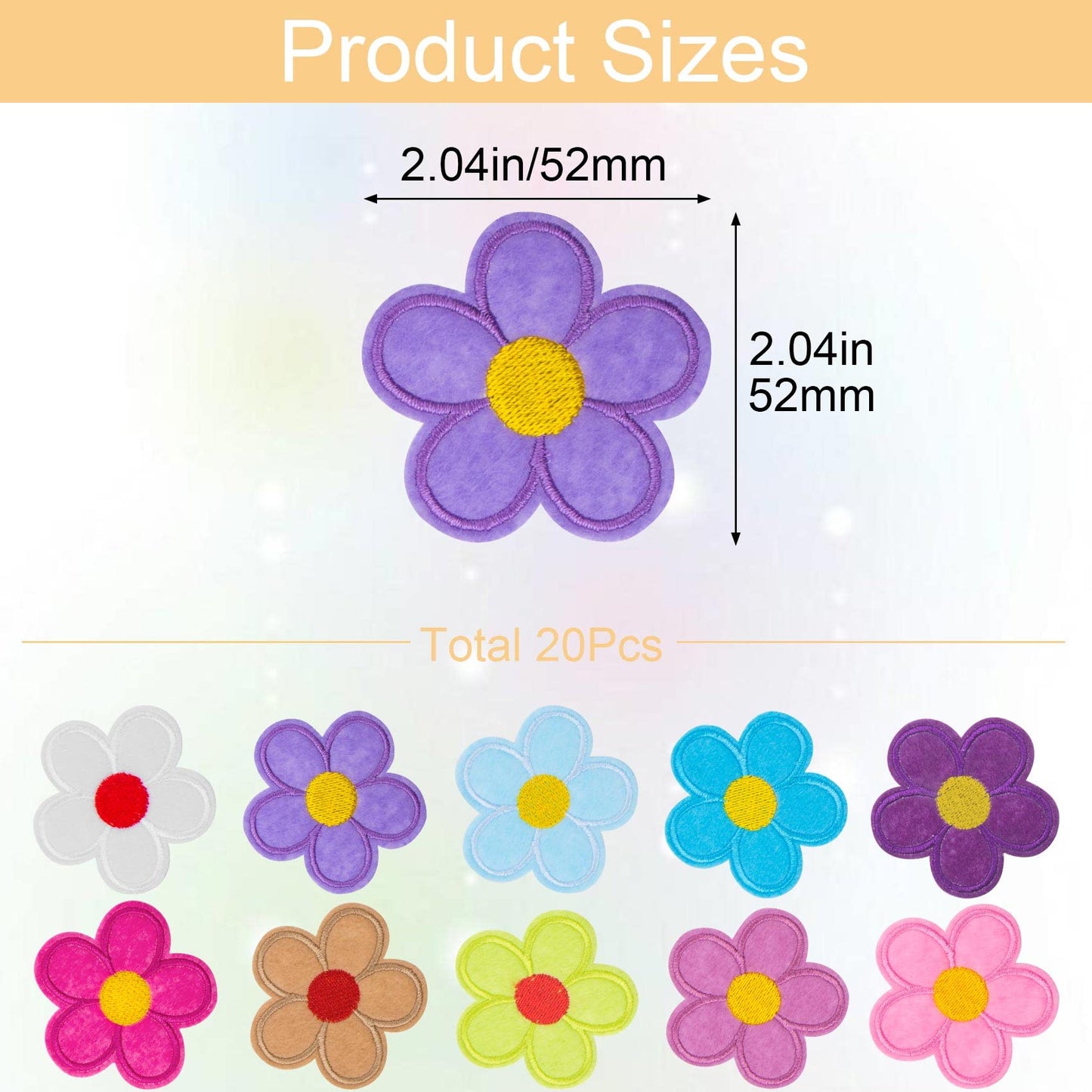 20 PCS Flower Iron on Patches, PAGOW 5 Petals Flower Applique Patch, Sew On Embroidered Applique Sewing Patches for Bags, Jackets, Jeans, Clothes DIY Patches, 2.04inchx2.04inch (W*H) 20 Colors