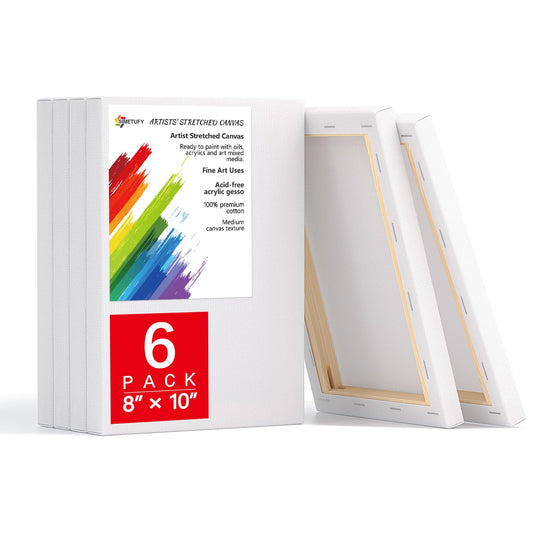 6 Pack Stretched Canvas for Painting 8x10 Inch 5/8" Profile 8 oz Triple Primed Acid-Free 100% Cotton Blank Art Canvases for Acrylic Oil Paint