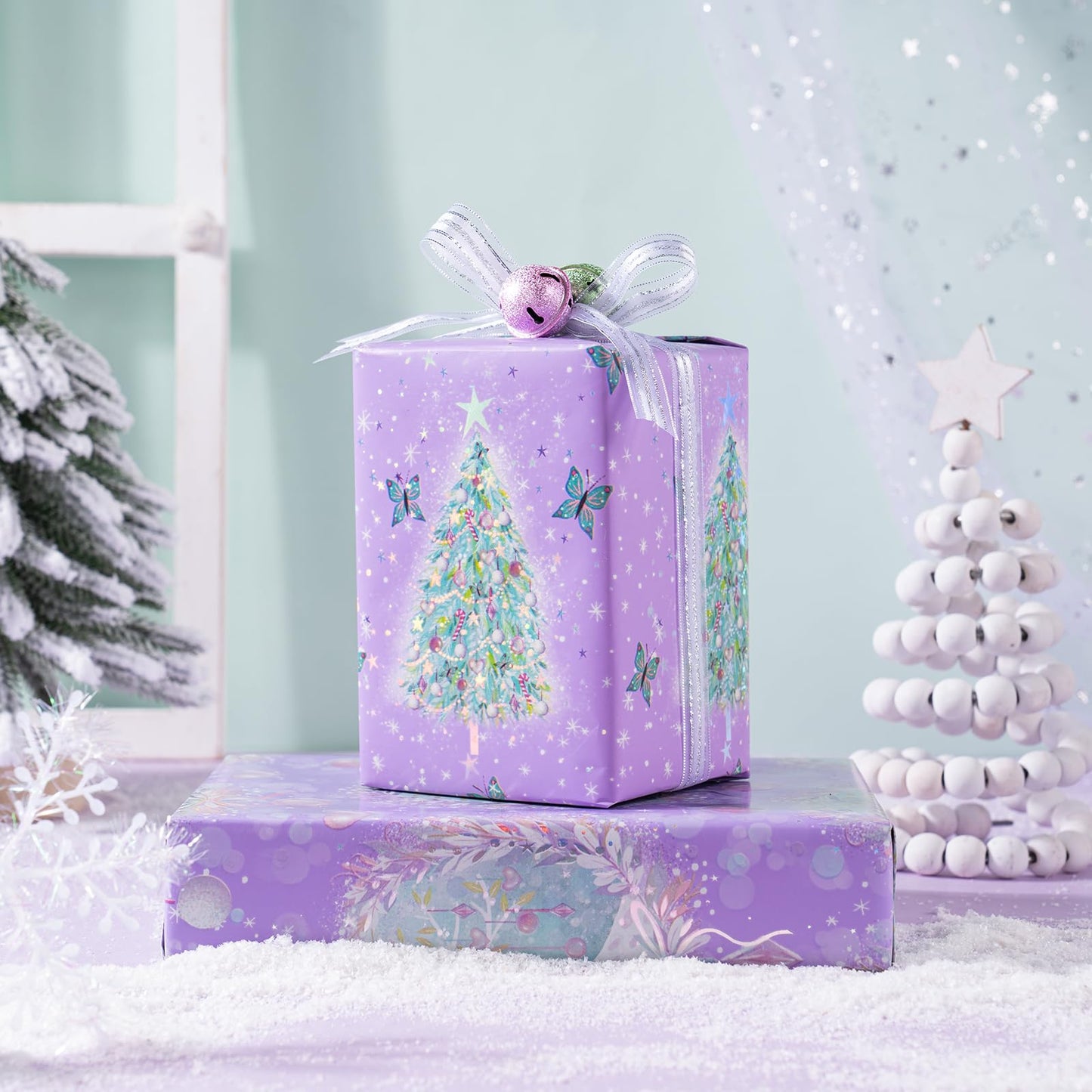 Christmas Wrapping Paper Roll - Mini Roll - 3 Rolls - 17 Inch x 120 Inch Per Roll - Girls Christmas Wrapping Paper - Pastel Purple Holiday Design with Metallic Foil Shine