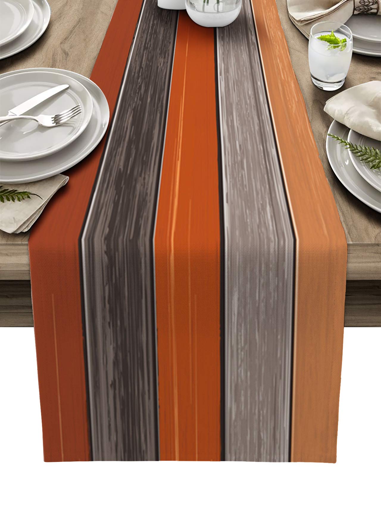 Farmhouse Cotton Linen Table Runner Dresser Scarf Retro Rustic Barn Wood Texture Ombre Burnt Orange Gray Non-Slip Rectangle Settings Decoration for Kitchen Home Dining Holiday,70 inches Long
