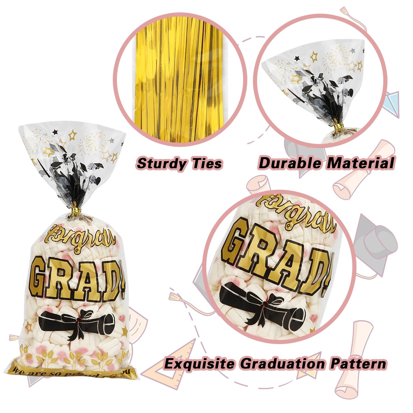 Leislam Graduation Treat Bags, Graduation Cellophane Treat Bags, 100 PCS Graduations Gift Bag, Plastic Clear Cello Candy Cookie Snack Goodies Bag with 100 Pcs Gold Ties for Graduations Party Favors Supplies, 4 Styles