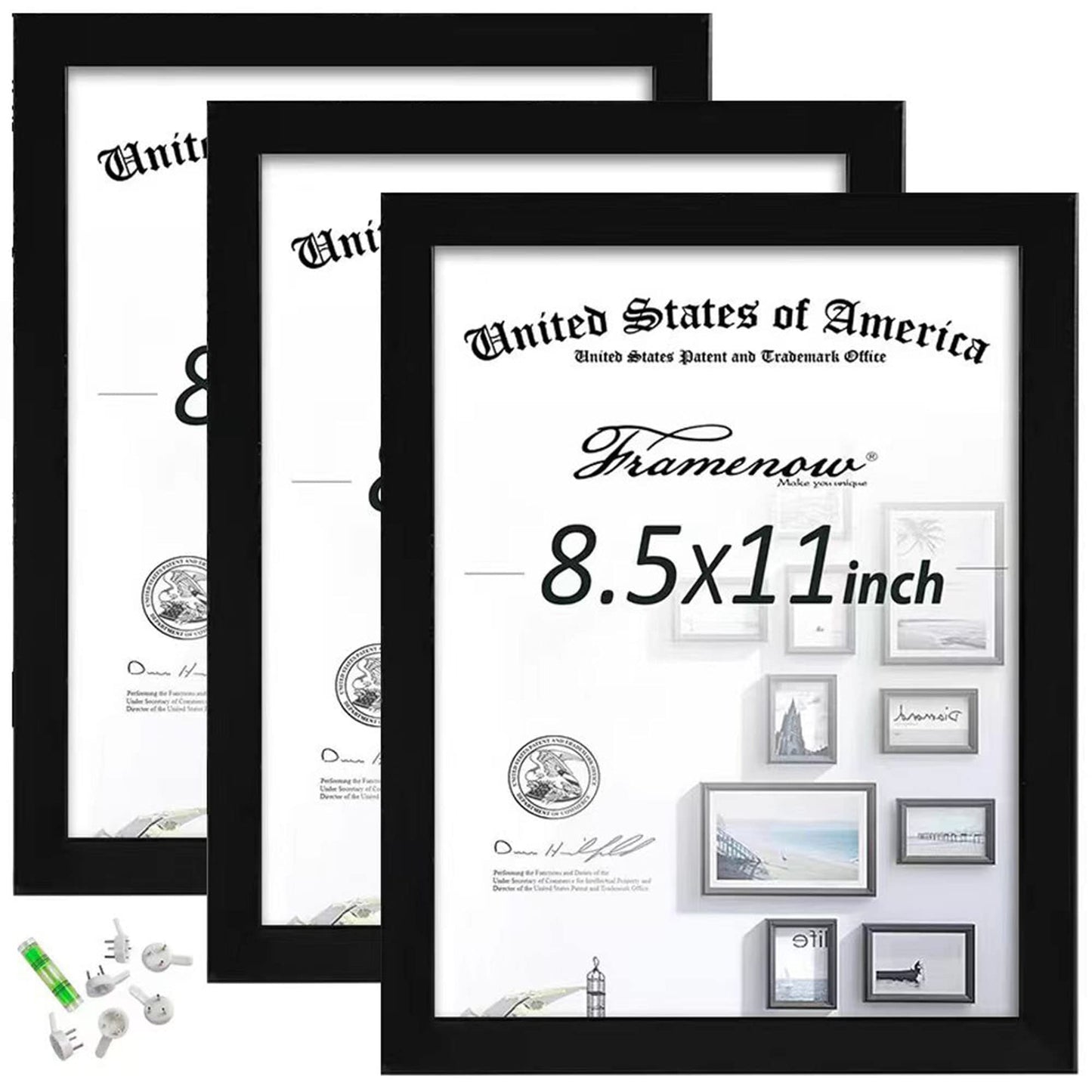 Framenow,8.5x11 Picture Frames Set of 3, Made of Real High Definition Glass and Solid Frame to Display Certificate or Pictures 8.5x11,To Wall and Tabletop Mounting, black. (8.5x11'')