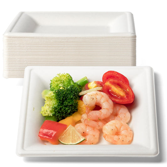 Fit Meal Prep [50 Pack Compostable Paper Plates, 6" Appetizer Plate, Biodegradable Square Dessert Plates, Heavy-Duty Disposable Sugarcane Plate for Party, Dinner, Cake, Snack, White