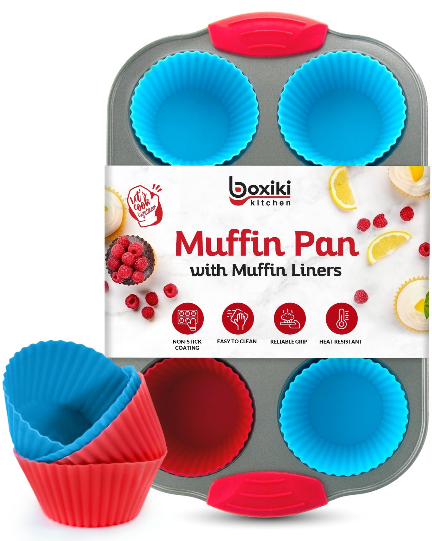 Boxiki Kitchen Non-Stick Steel 6 Cup Muffin Pan with Silicone Handles and Reusable Liners - Perfect for Baking Large Muffins and Cupcakes
