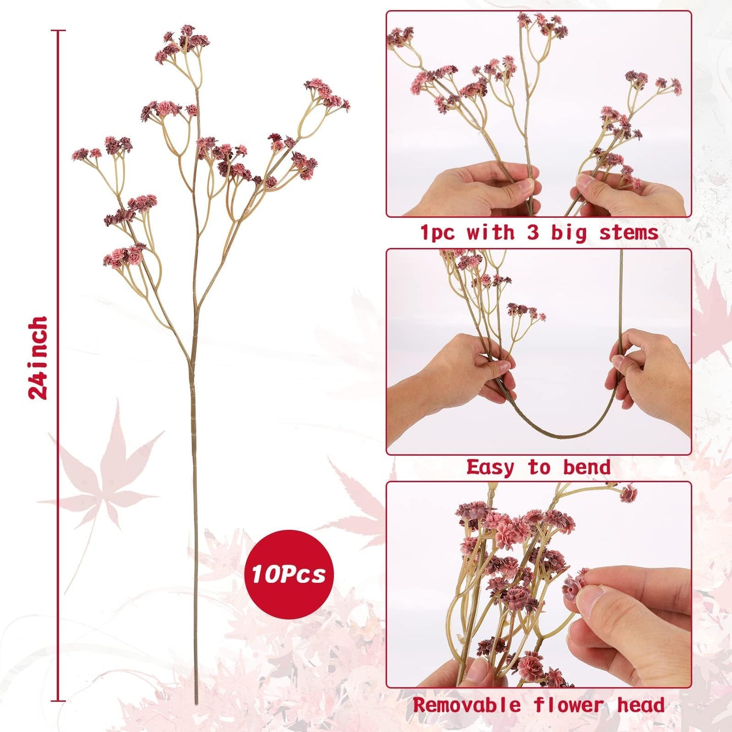 N&T NIETING Baby Breath Flowers Artificial Bulk, 10Pcs Fake Gypsophila Plants Bouquets Flowers Real Touch Faux Babies Breath Arrangement for Home Wedding Party Vase Decoration Fall Pink
