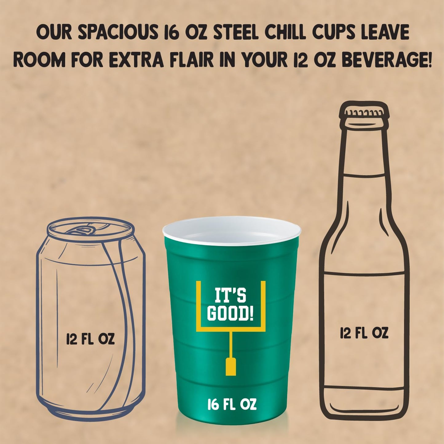 Steel Chill Cups 16 oz. Party Cup Football 'It's Good' Goal Post Design for Cold Drinks, Durable, Disposable, Recyclable, Made in USA, Green 12 Count