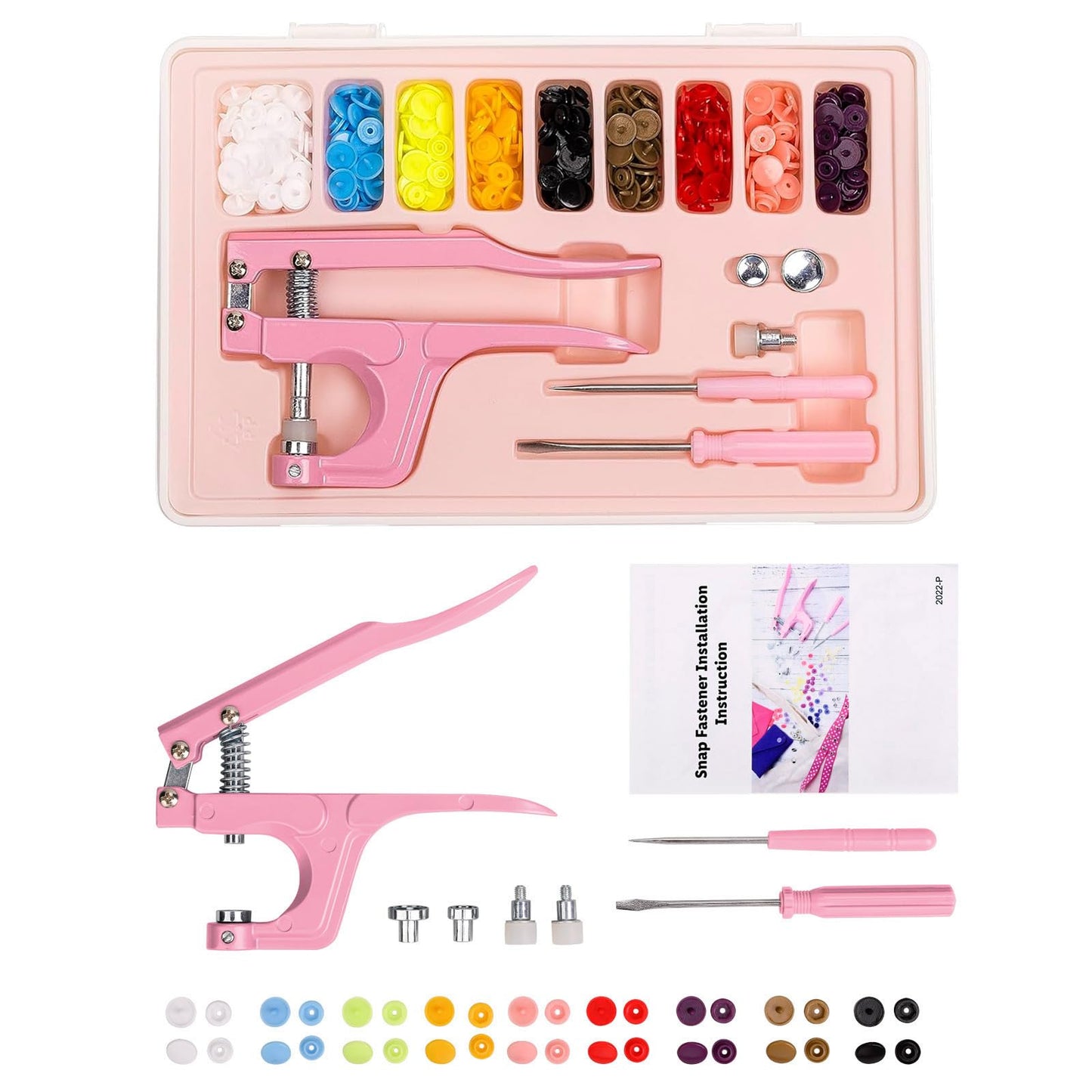 Plastic Snap Fastener Kit with Plier Screwdriver Awl and Storage Case, 100 Sets Snaps, 9 Colors T5 Buttons, 12mm Cap. Snap Plier for T3(10mm), T5(12mm), T8(15mm) Buttons, Pink