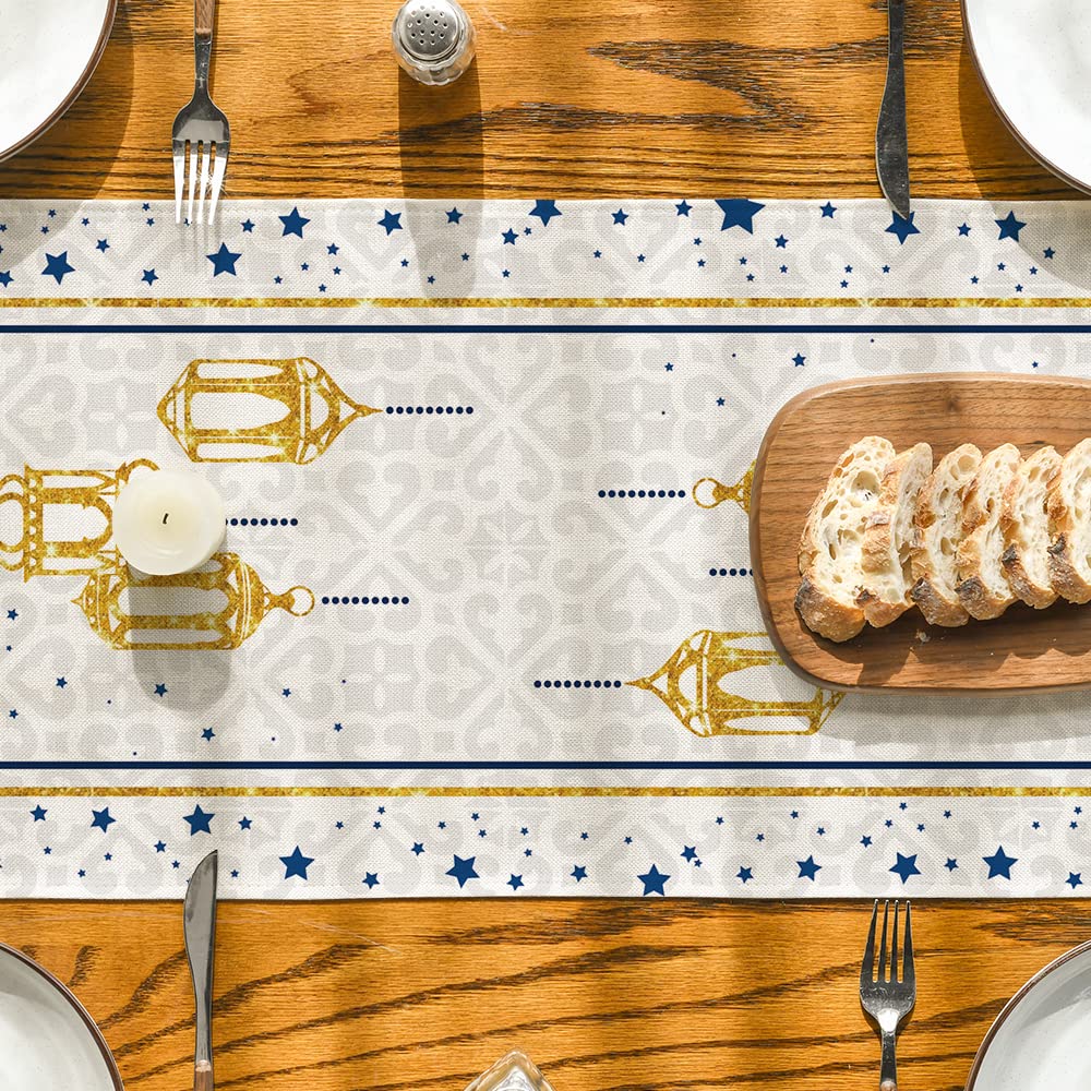 Artoid Mode White Moon Star Gloden Ramadan Table Runner, Seasonal Summer Holiday Kitchen Dining Table Decoration for Home Party Decor 13 x 72 Inch