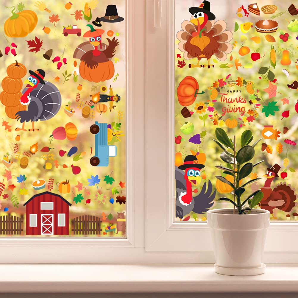 DUILE 350pc Thanksgiving Window Clings Fall Window Clings Fall Window Decor for Offices Autumn Window Clings Leaves Home School Office Thanksgiving Party Decorations Supplies