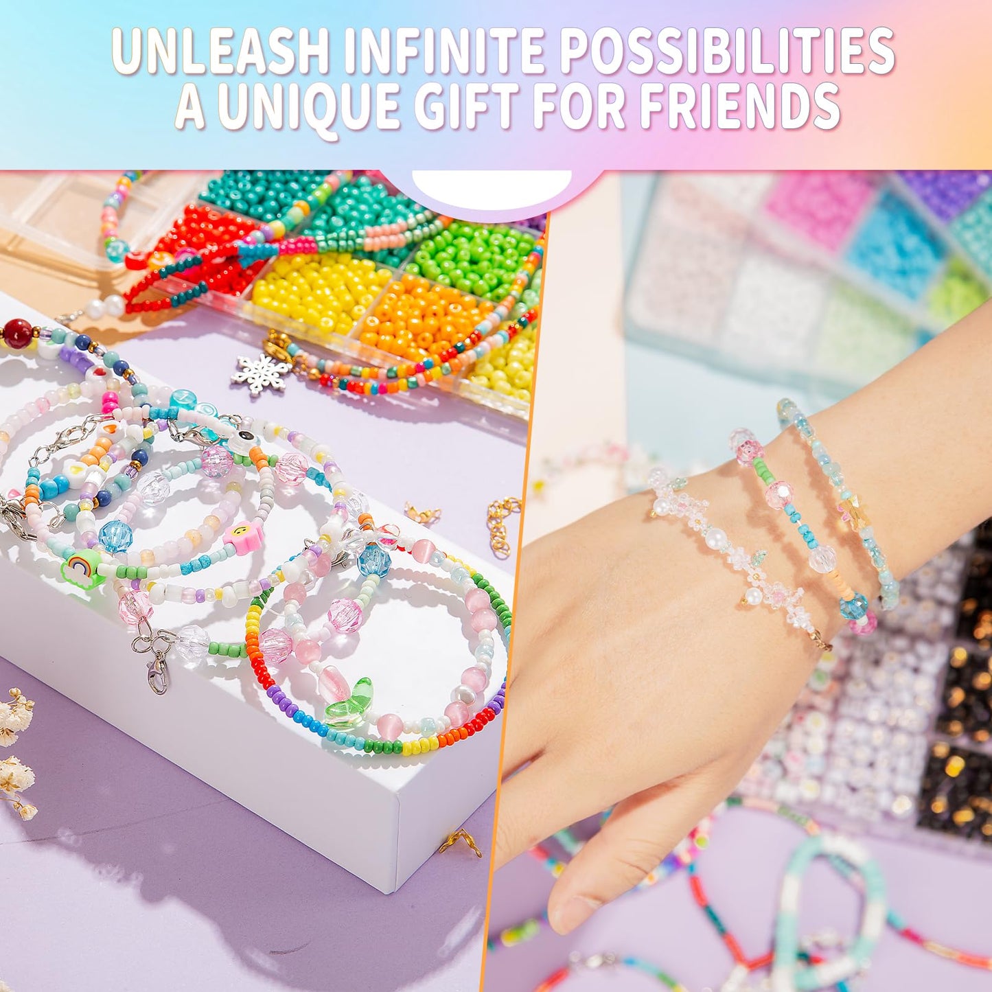 Friendship Bracelet Kit, 16000 pcs with Seed Beads (2/3/4mm), Clay Beads, 7 Styles Letter Beads (A-Z), Variety of Charms, DIY Jewelry Making Crafts