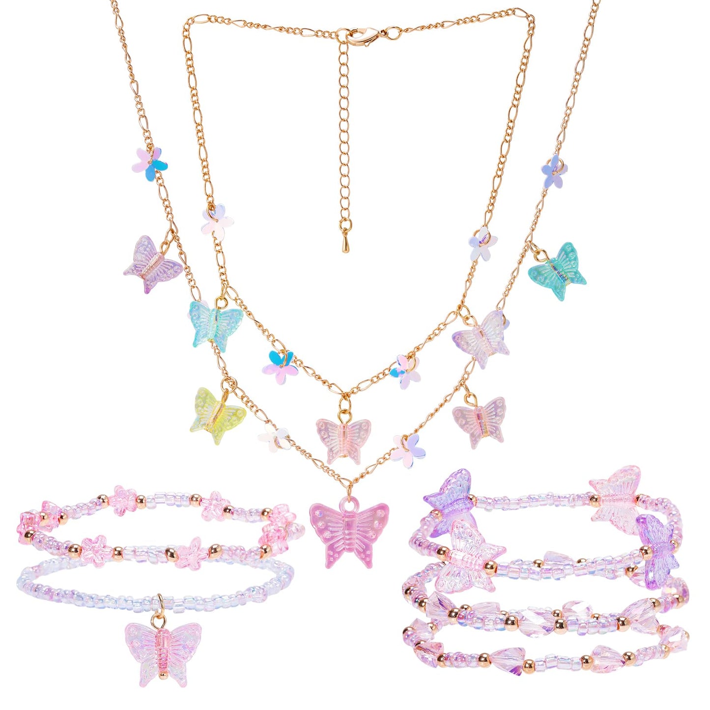 PinkSheep Butterfly Flower Necklace Bracelet for Girl Women Butterfly Jewelry 7PC Choker Necklaces Bracelet Cute Necklaces Beaded Necklace Bracelets Girl Gift