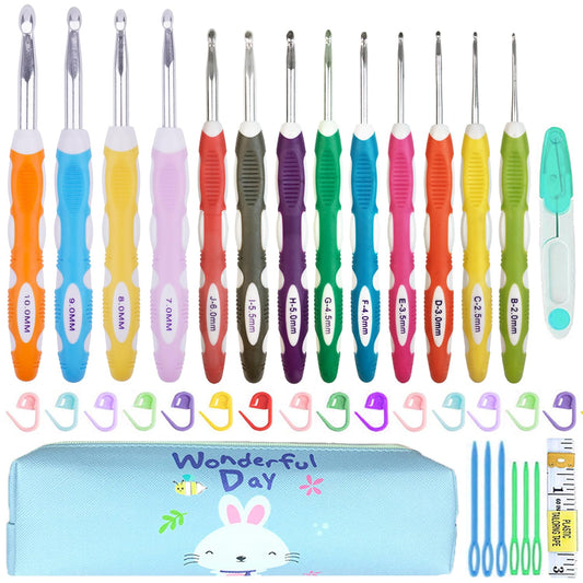 Weabetfu 13 Size Crochet Hook Set,2mm(B)-10mm(N) Ergonomic Crochet Hooks with Case,Extra Long for Arthric Hands,Soft Grip Crochet Hooks Needles for Beginners&Gift