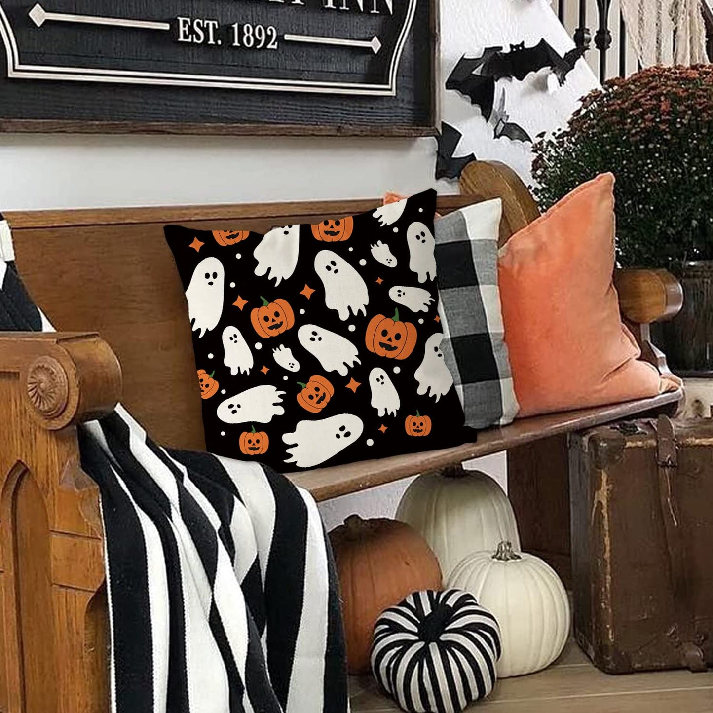 Halloween Pillow Covers 18x18 Inch Ghost Pumpkins Linen Pillowcase Holiday Farmhouse Throw Pillows Indoor Outdoor Couch Cushion Case for Home Sofa Decor