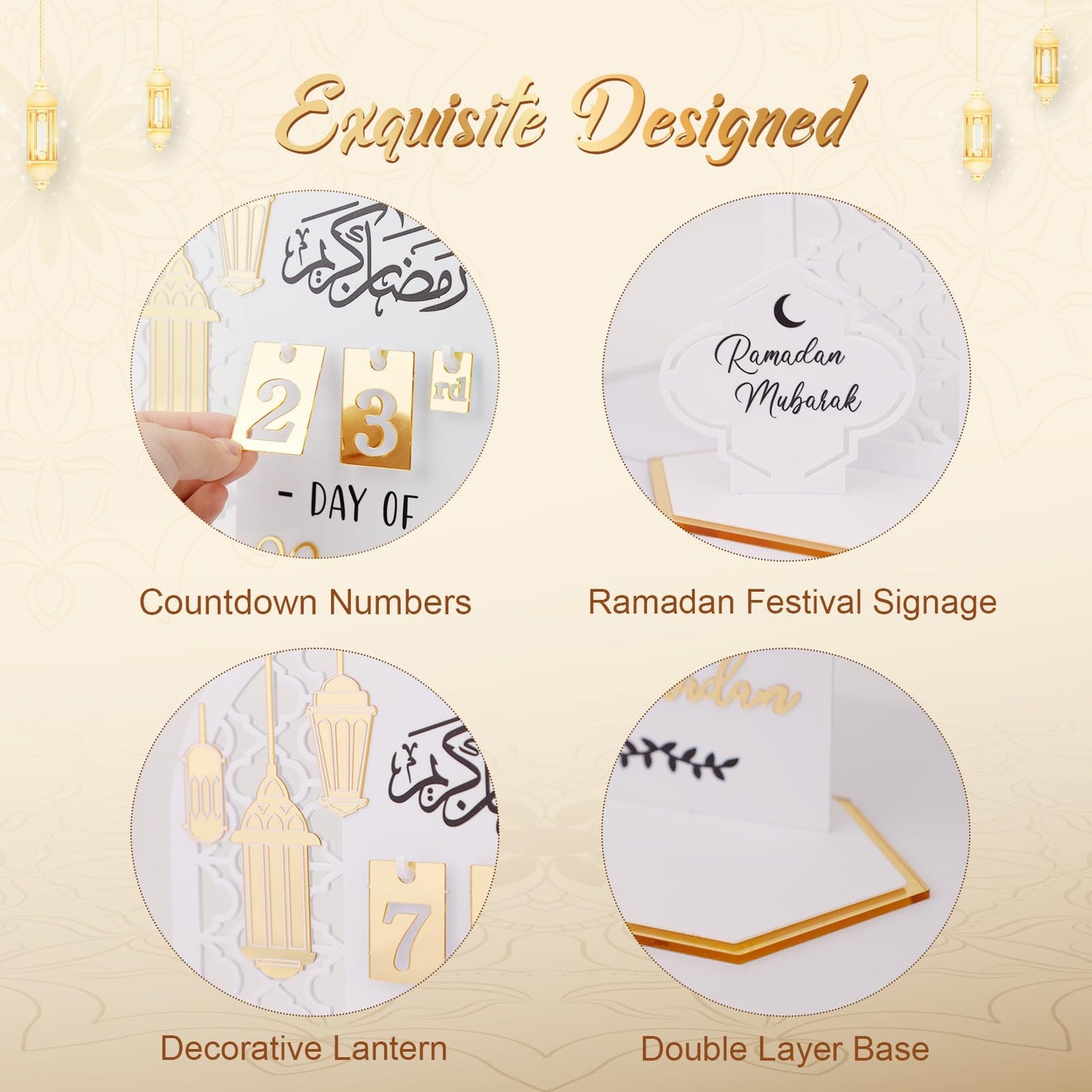 Ramadan Advent Countdown Calendar Acrylic: Ramadan Decorations for Home Eid Mubarak Table Decor, 30 Days Countdown Calendar 2025 Ramadan Gifts for Family (White ＆Gold)