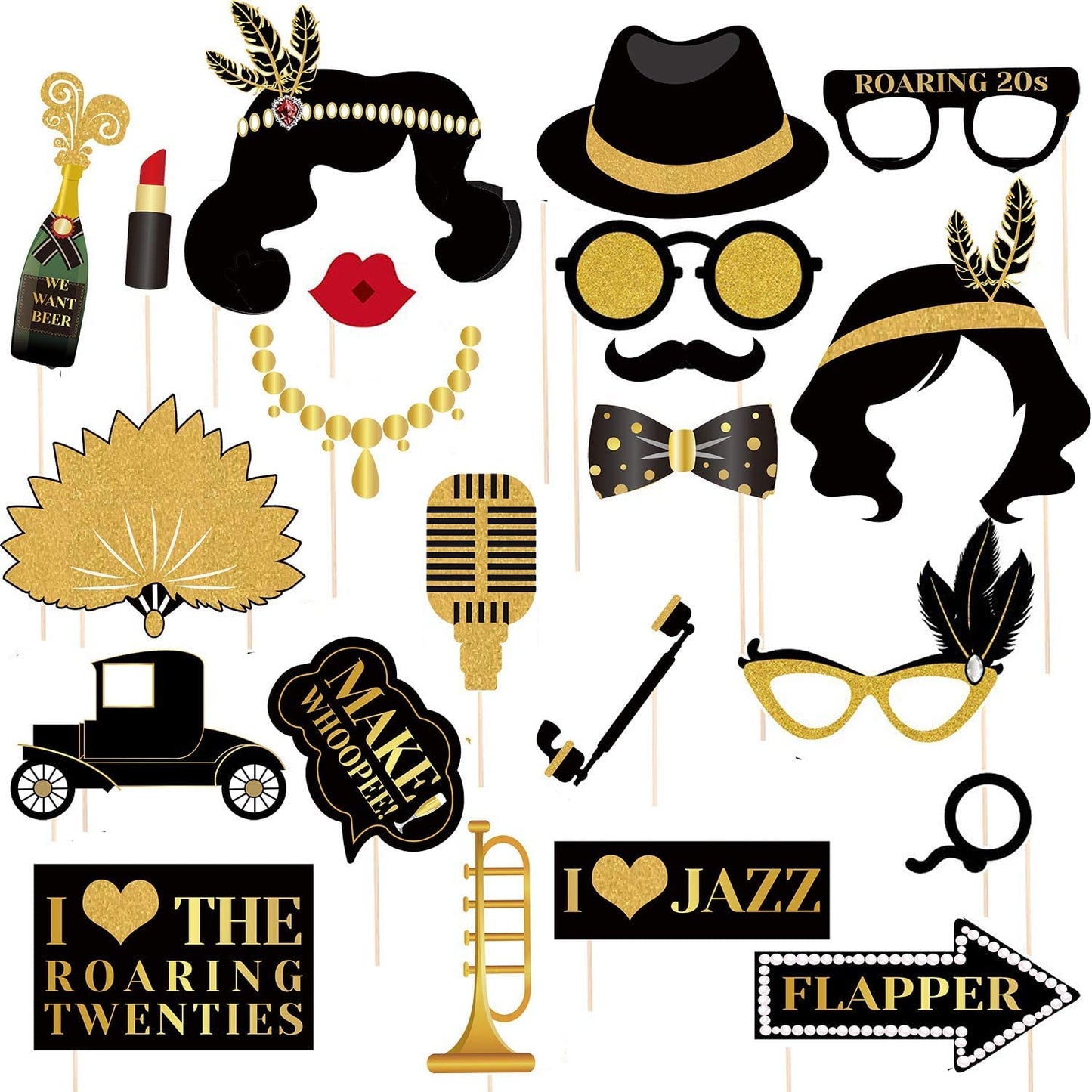 42Pcs 1920s Gatsby Photo Booth Props Roaring 20's Party Photo Props,1920s Supplies for Luxury Speakeasy Gangster Twenties Art Deco Jazz