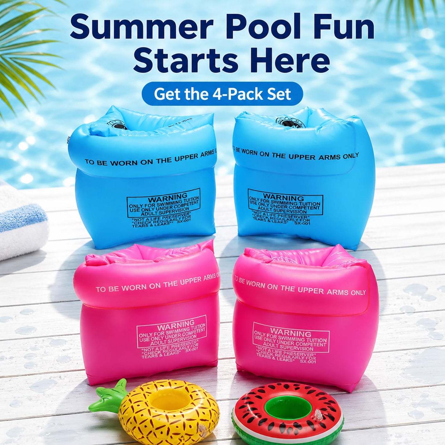 2 Pack Inflatable Arm Floaties for Kids and Toddlers, Blow Up Water Wings, Swimmies Swim Arm Bands for Learn to Swim, Pool Floats for Children and Adults 30-150 lbs