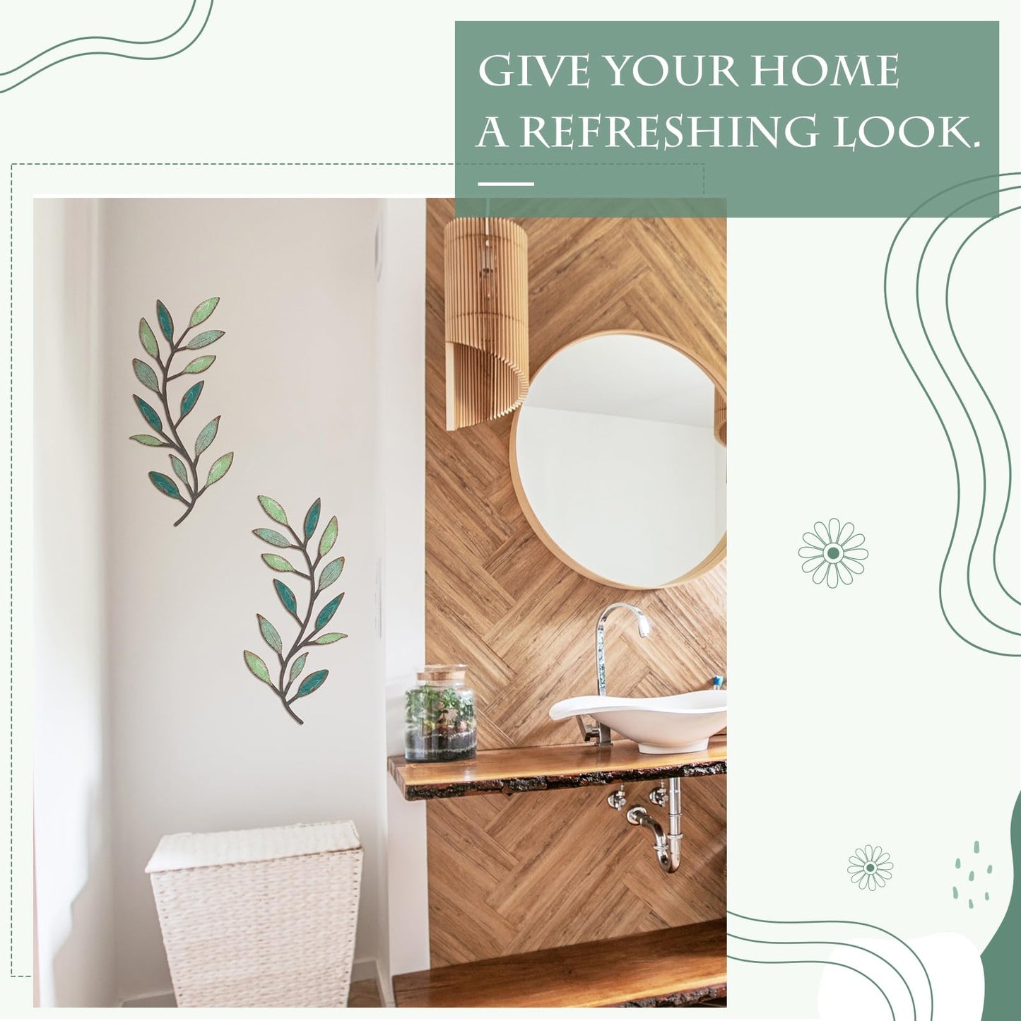 2 Pieces Metal Tree Leaf Wall Decor Vine Olive Branch Leaf Wall Art Living Room, Hallway Wall Decor Outdoor Decoration(Gradient Green)