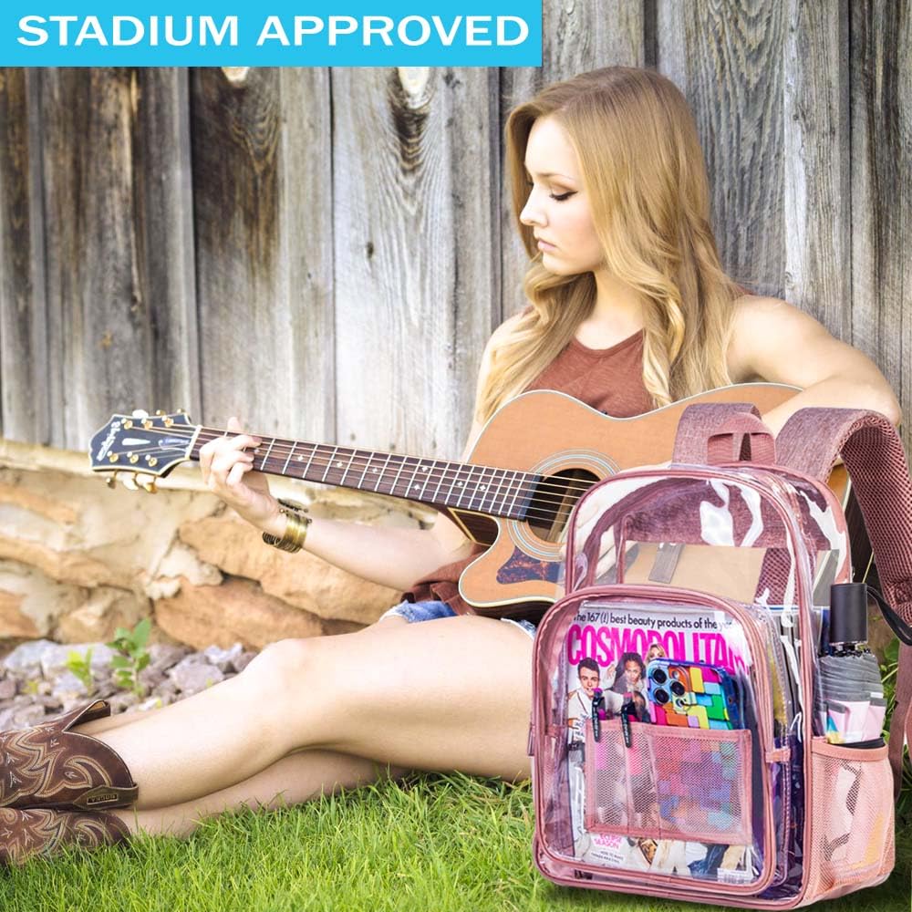 AGSDON Clear Backpack, Heavy Duty Transparent Bookbag, See Through PVC Backpacks for Women - Pink