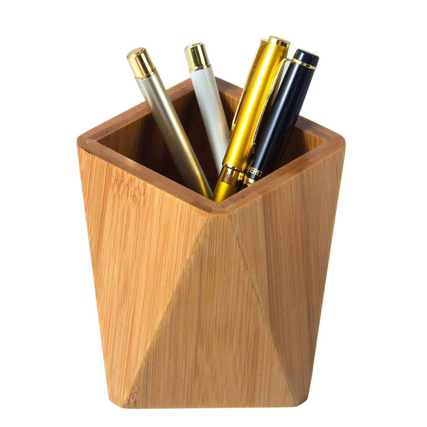 Bamboo Wood Pen Holder Stand for Desk Geometric Pencil Cup Pot Cute Desktop Office Supplies, Makeup Brushes Organizer (Bamboo)
