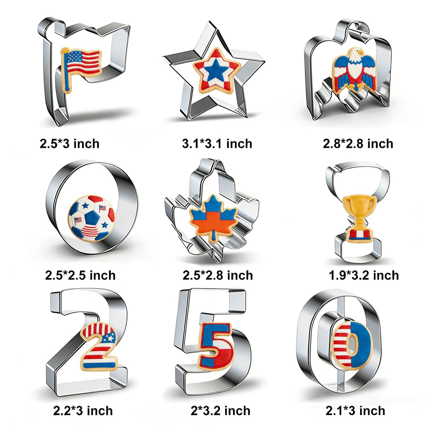 JOINBO 9Pcs Patriotic Metal Cookie Cutter Set, 250th Anniversary of Independence Day, 4th of July Baking Molds Star Eagle Flag, Stainless Steel for Holiday Party Baking Supplies