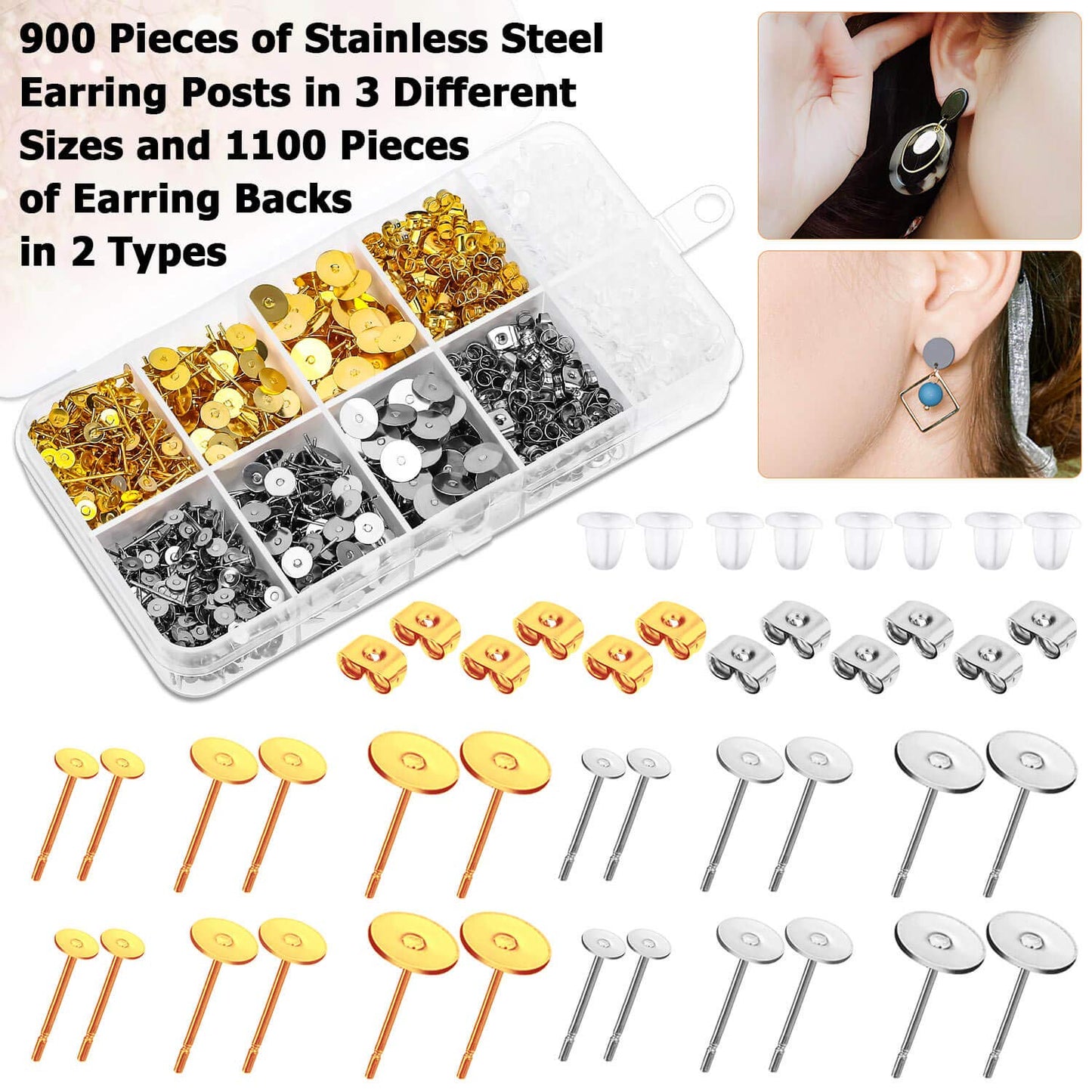 Earring Posts and Backs, Caffox 2000pcs Stud Earring Making Kit with Earring Base and Earring Backs for Leather Stud, Clay, Pearl Jewelry Making (Gold & Silver)