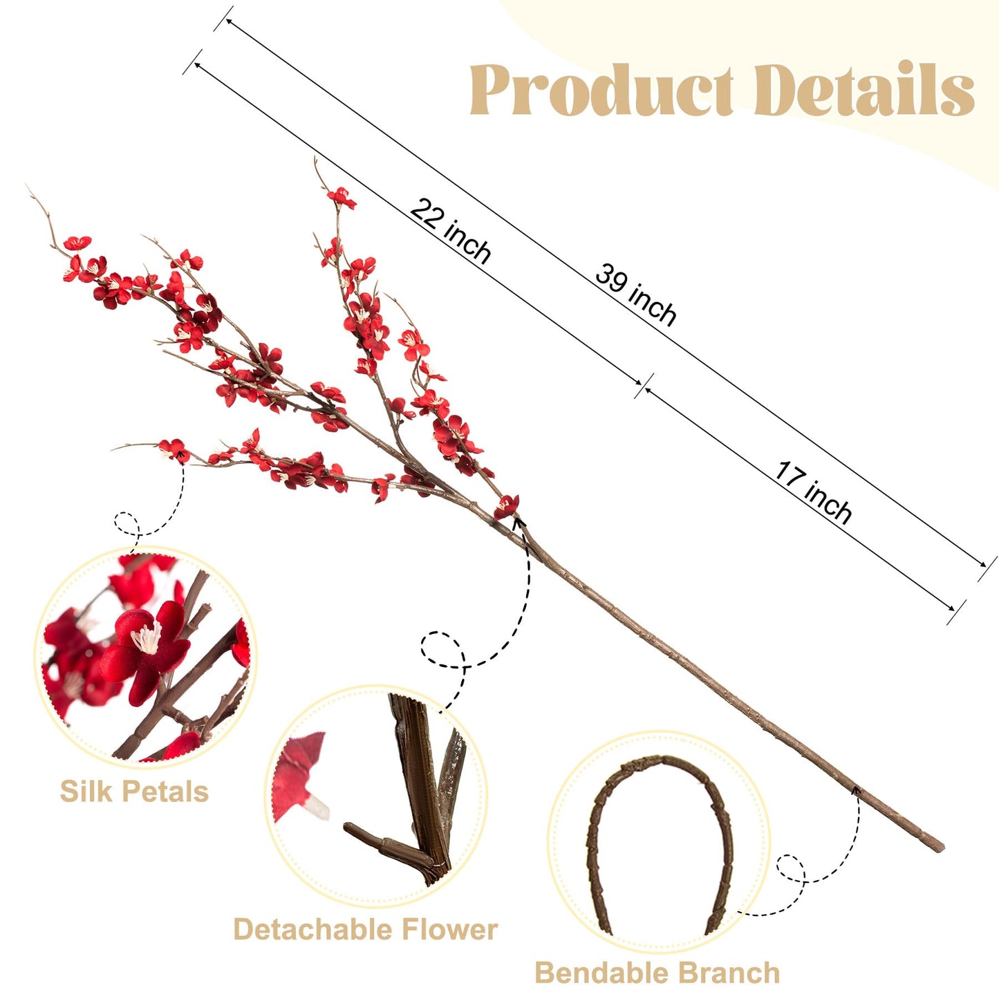 Ammyoo 4Pcs Cherry Blossom Branches Artificial Flowers for Spring Summer Indoor Decoration,Faux Long Stem Artificial Flowers for Wedding Home Office Bedroom Party Table Centerpieces Decor(Red)