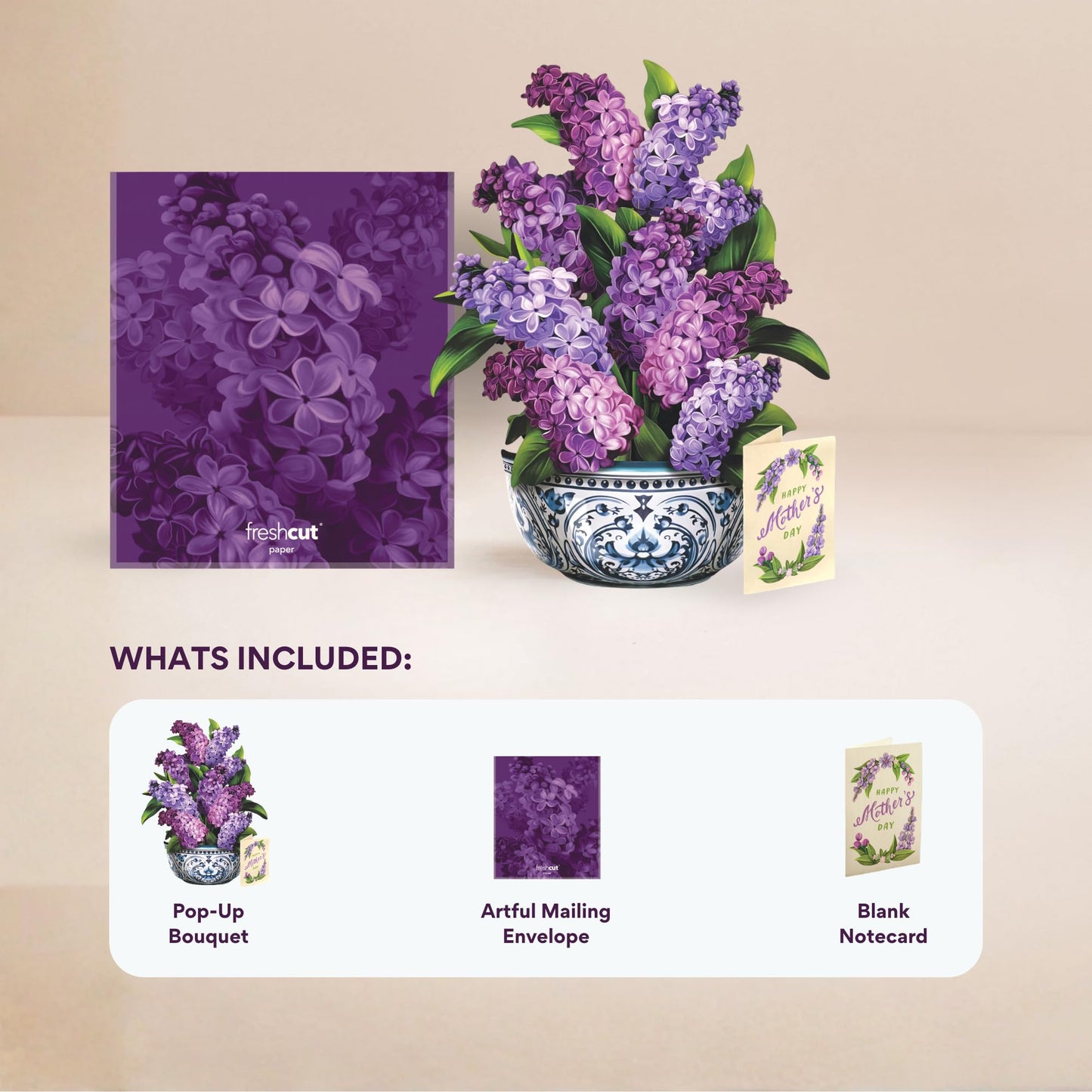 Freshcut Paper Mother's Day Garden Lilacs Pop Up Cards, 12 Inch Life Sized Forever Flower Bouquet 3D Popup Greeting Card, Birthday Cards, Mother's Day Card, Blank Notecard & Envelope
