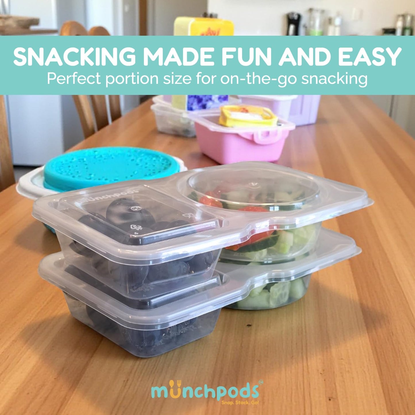 Munchpods Reusable Snack Containers with Lids 20 Pack (40 Pieces) Portion control, Snack Pack Containers 2 Double Compartment Snack Containers for Kids On the Go Meals, Camping Snack Tray Prep