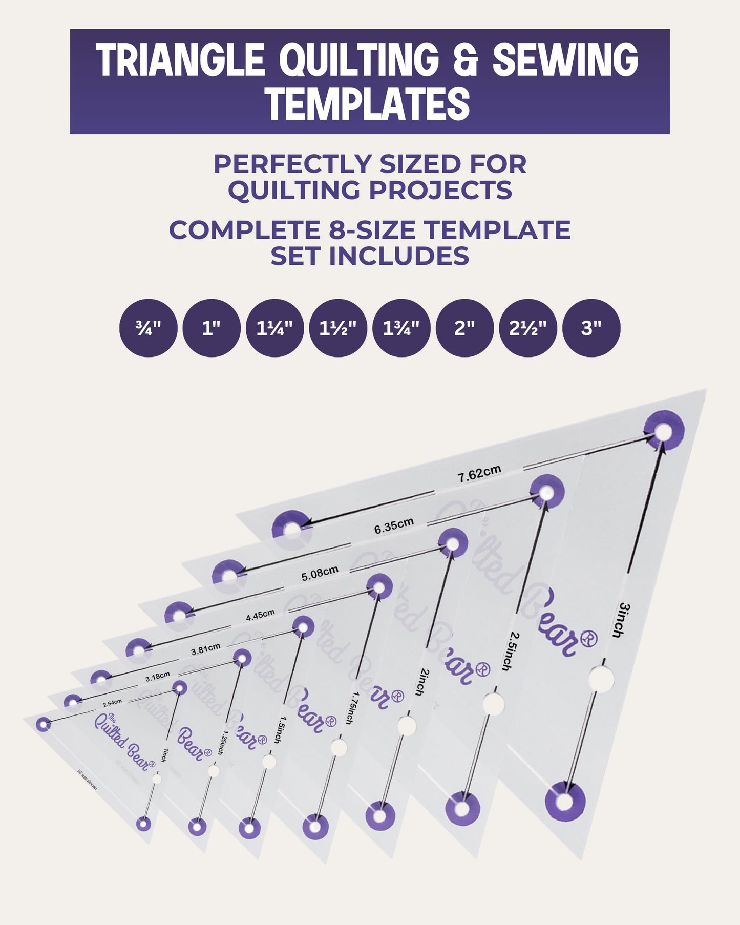 The Quilted Bear Triangle Quilting Templates – 8 Clear Non-Slip Acrylic Quilt Templates for Precise Fabric Cutting & Stress-Free Machine Quilting - Ideal for Quilt & Sewing Supplies (¾–3")
