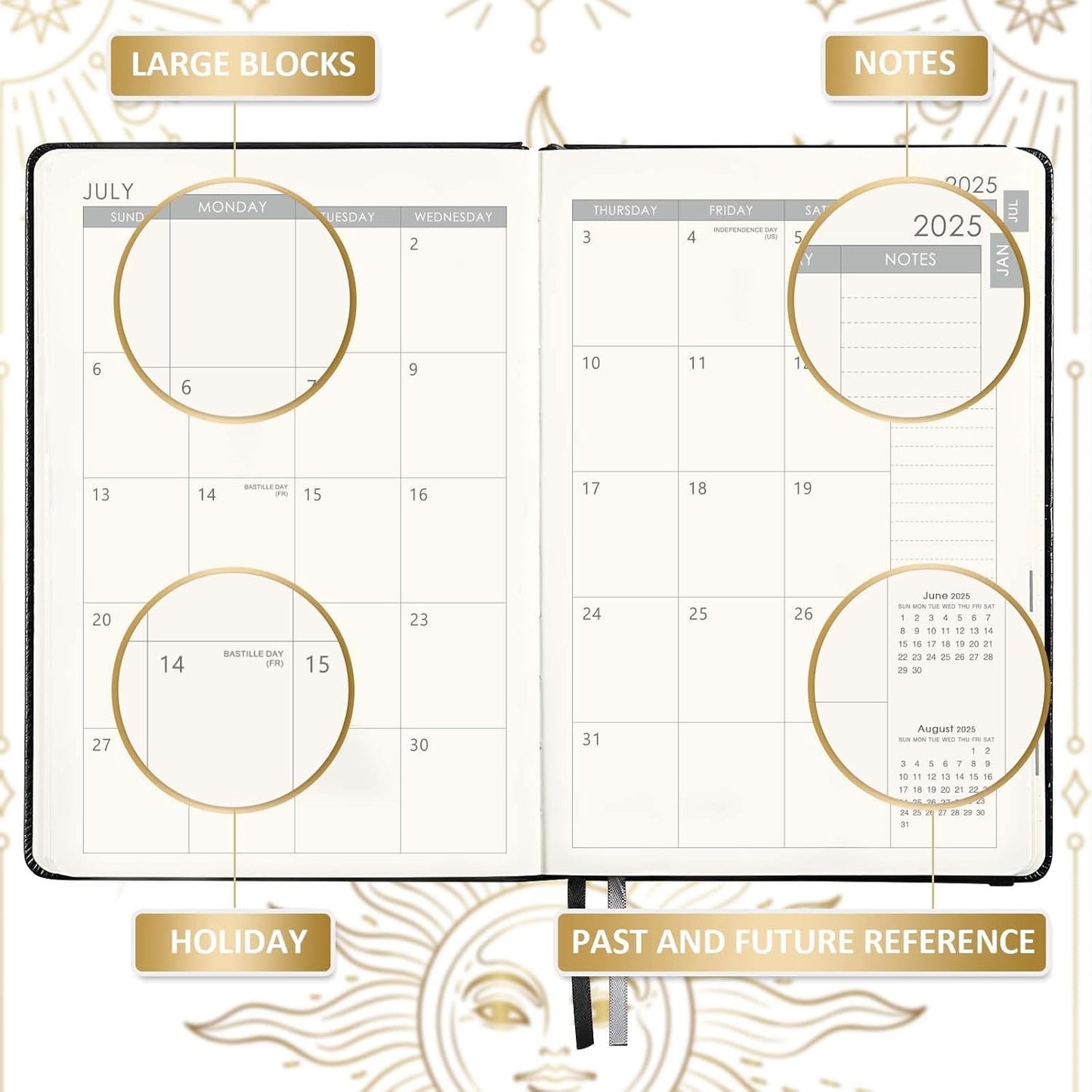 Planner 2025-2026 - Academic Planner 2025-2026, July 2025 - June 2026, 5.75" x 8.25", Weekly and Monthly, Faux Leather with Back Pocket & 40 Notes Pages - The Sun