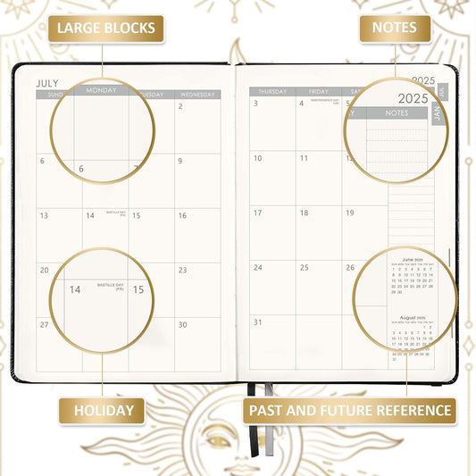 Planner 2025-2026 - Academic Planner 2025-2026, July 2025 - June 2026, 5.75" x 8.25", Weekly and Monthly, Faux Leather with Back Pocket & 40 Notes Pages - The Sun