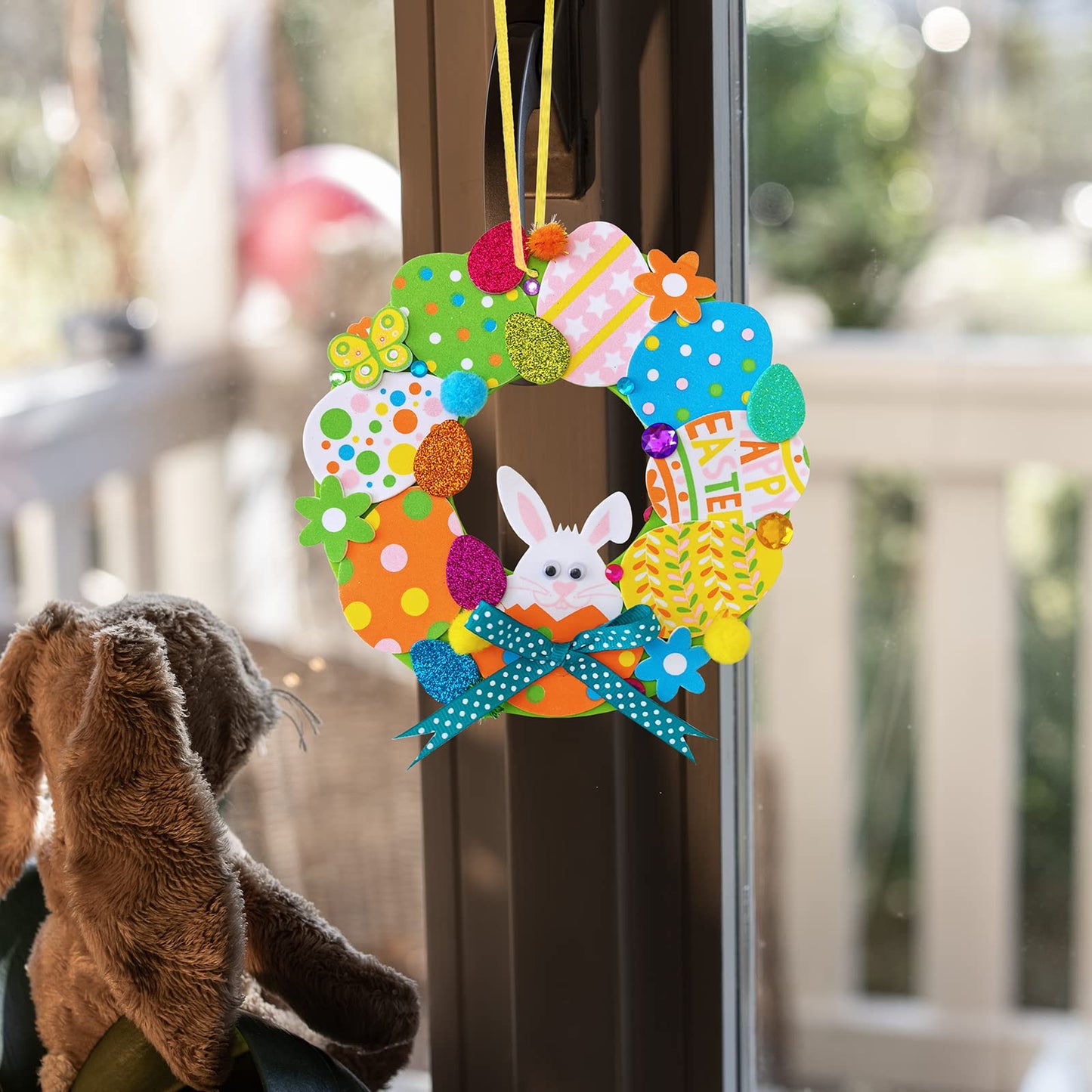 12 Sets Easter Wreath Signs Decorations DIY Foam Easter Craft Kits Easter Eggs Bunny Chick Foam Stickers Pom-Poms Googly Eyes for Kids Classroom Home Activity Art Project Gift Easter Front Door Décor