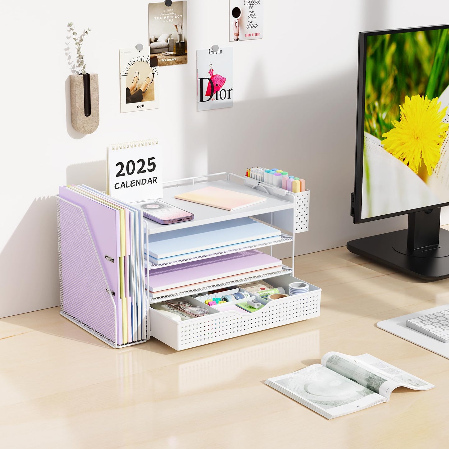 gianotter Wood Desk Organizers and Accessories with File Holder, 4-Tier Desk Accessories & Workspace Organizers with Drawer and Pen Holder, Paper Organizer for Office Supplies (White)
