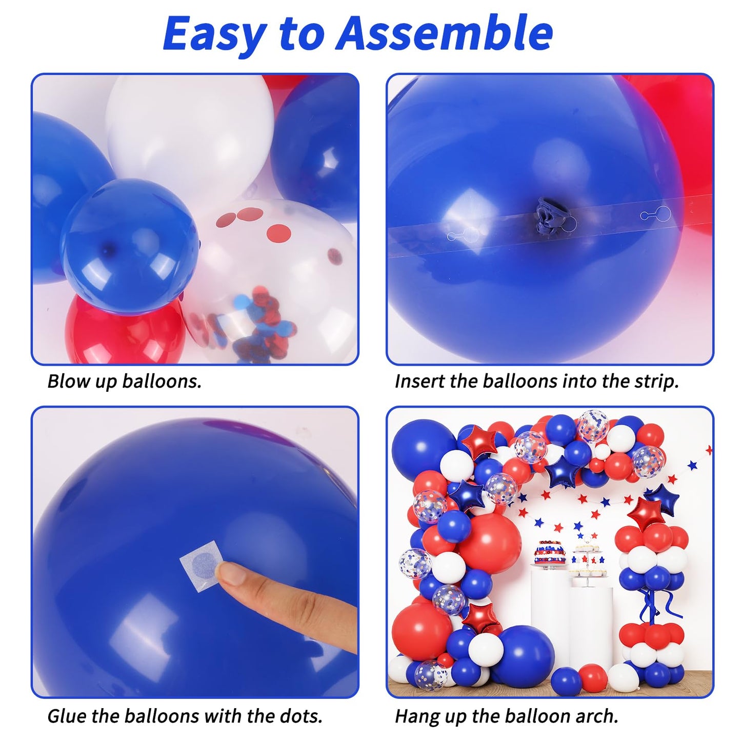 RUBFAC 160pcs Red White and Blue Balloons Garland Arch Kit, 4th of July Balloons Patriotic Decorations, Birthday Wedding Nautical Patriotic Baseball Theme with Star Foil Balloons Decorations