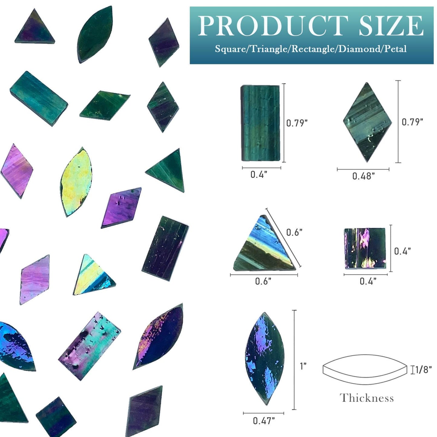 LITMIND Dark Green Iridescent Stained Glass Mosaic Tiles for Crafts - 240 Pieces, 5 Shapes Mixed (Rectangle, Triangle, Rhombus, Square, Leaf) - Ideal for Mosaic Making Projects