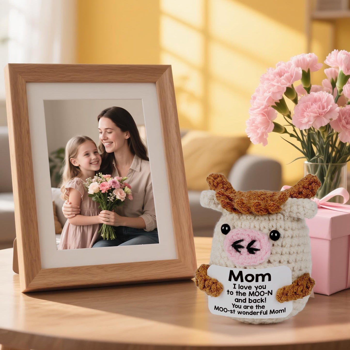 YUEYUQIU Mini Birthday Gifts for Mom from Daughter - Handmade Crochet Cow Moms Gifts for Mother’s Day Mama Mother in Law Bonus Step Mother Mommy - Funny I Love You Mom Present for Mothers Day