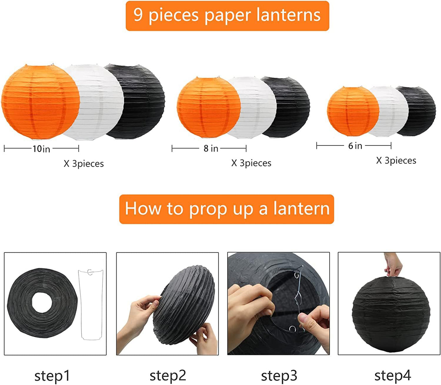 Paper Lanterns Decorative, Round Hanging Lantern for Halloween Thanksgiving Graduation Birthday Party Decorations, Black/Orange/White 9pcs