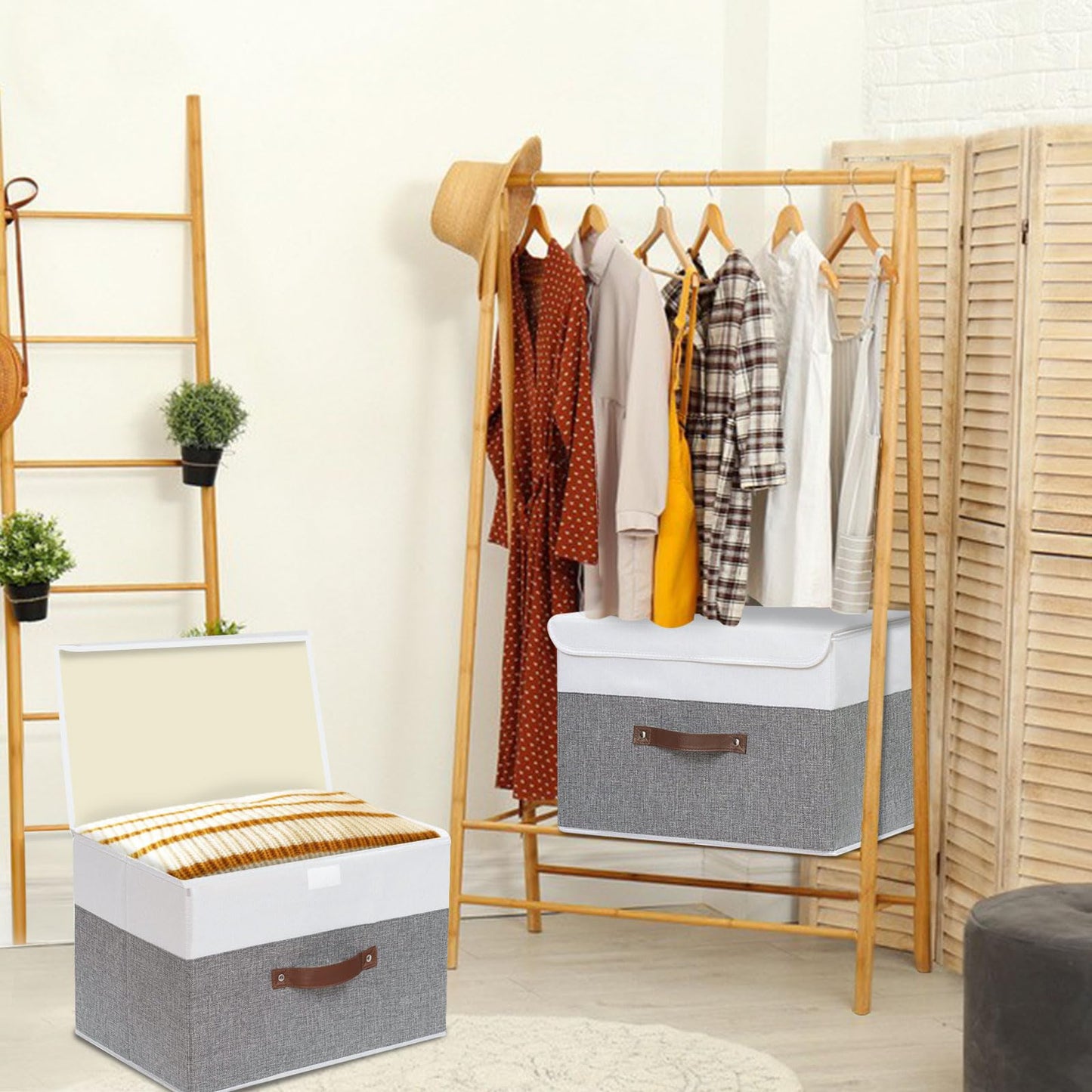 Collapsible Storage Bin, Cube Organizer Basket, Fabric Box with Lids, Washable and Leather Handle, for Home, Closet, White/Grey, 13.0''Lx9.0''Wx7.9''H, 1-Pack, SNK024WGS-1