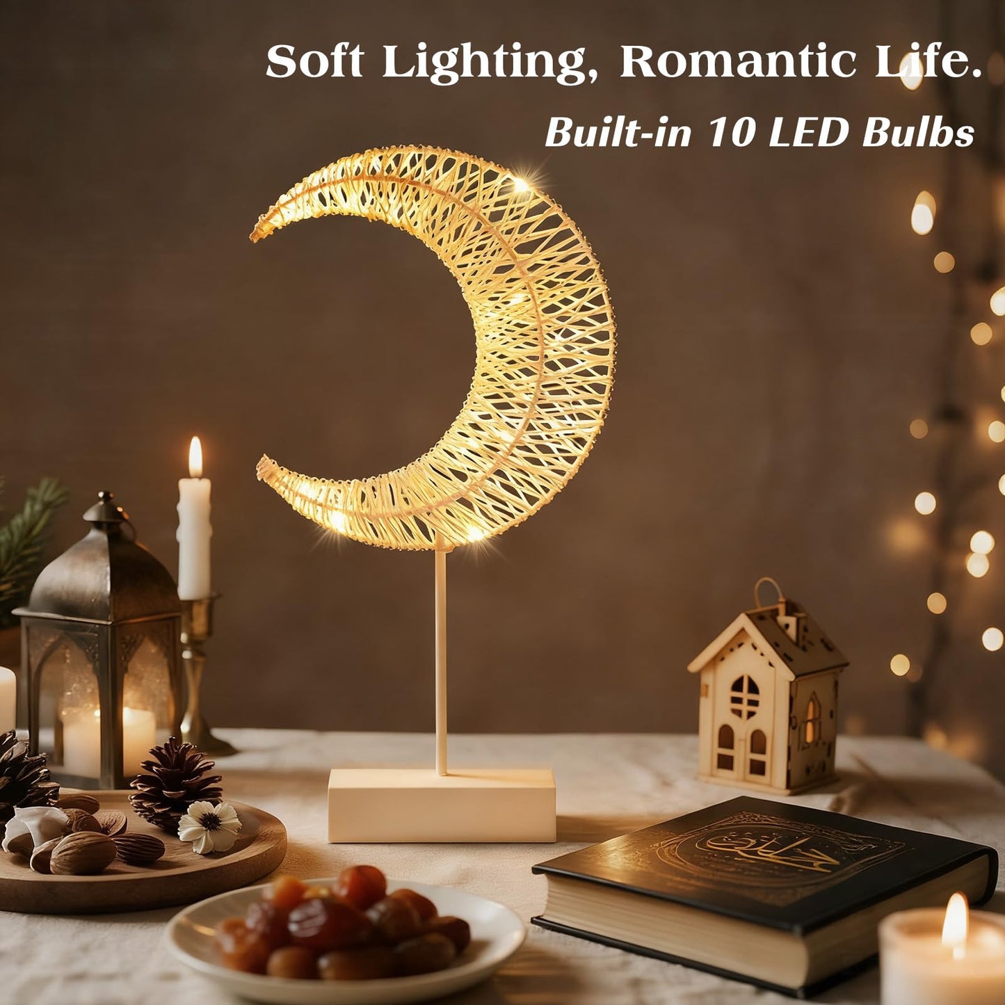 Ramadan Decorations Moon Table Lamp, Moon Shape Rattan Ramadan Desk Lamp Battery Powered Light, Winding Thread LED Crescent Light for Home Bedroom Bedside Desktop Eid Mubarak Decorations
