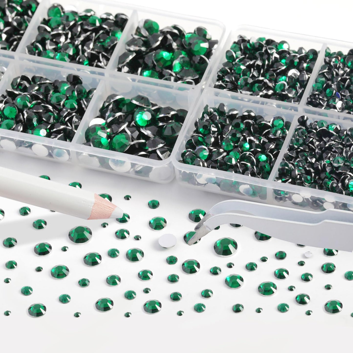 Resin Rhinestones Kit for Crafts,8400 pcs Green Flatback Rhinestones Mixed 5 Sizes 2mm-6mm with B7000 Glue Tweezers and Wax Pencil for Fabric Tumblers and Clothes
