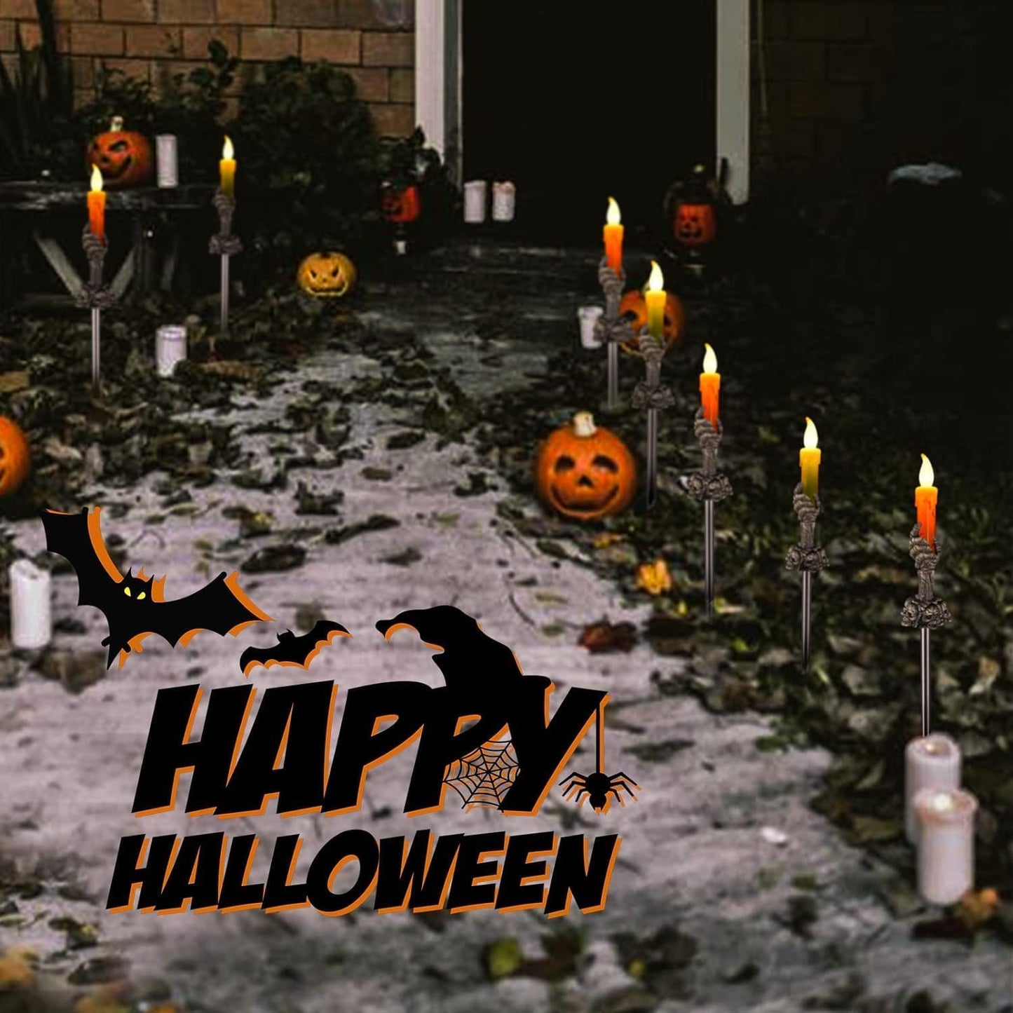 Halloween Decorations Outdoor, 5 Pack Solar Pathway Lights, LED Skull Black Hand Candle Holder, Outdoor Party Home Garden Porch Decor Orange & Green Lights