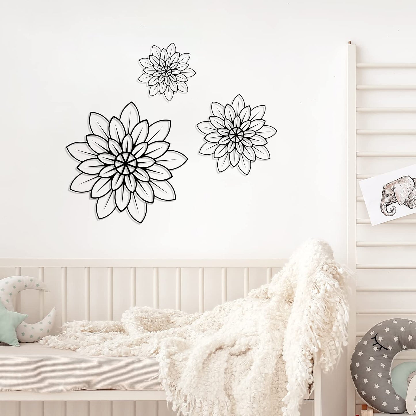 3 Pieces Metal Wall Art Metal Flowers Wall Decor Metal Wall Art Floral Home Decoration for Bedroom Living Room, Bathroom, Kitchen, Outdoor (Black)